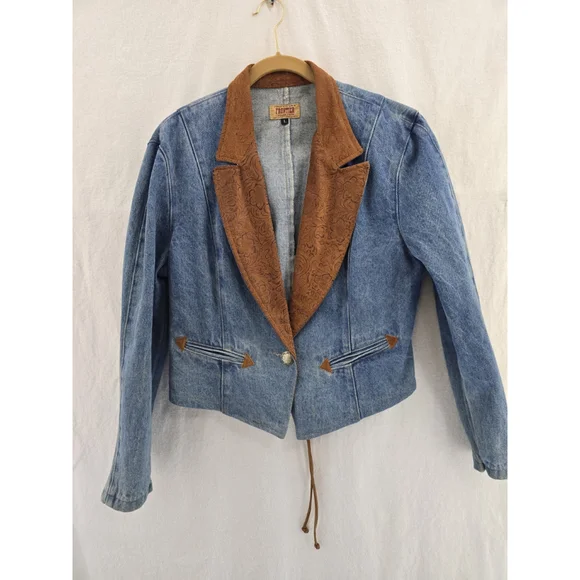 Frontier Vtg Denim Leather Cropped 1 Button Western Jacket. Ladies Size Large - Picture 2 of 15